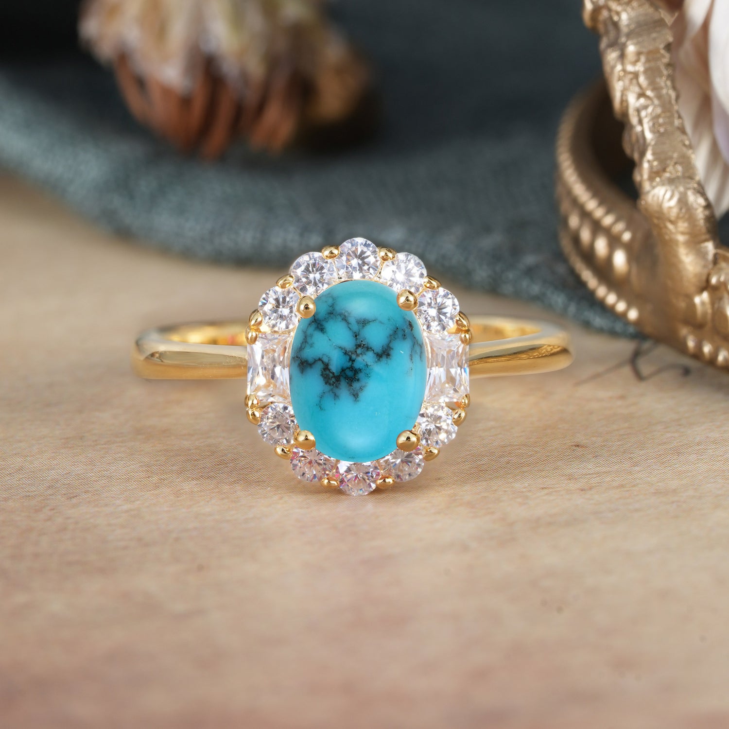1.5 Carat Classic Cluster Lab Grown Turquoise Ring Oval Shaped Engagement Ring
