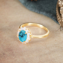 1.5 Carat Classic Halo Lab Grown Turquoise Ring Oval Shaped Engagement Ring