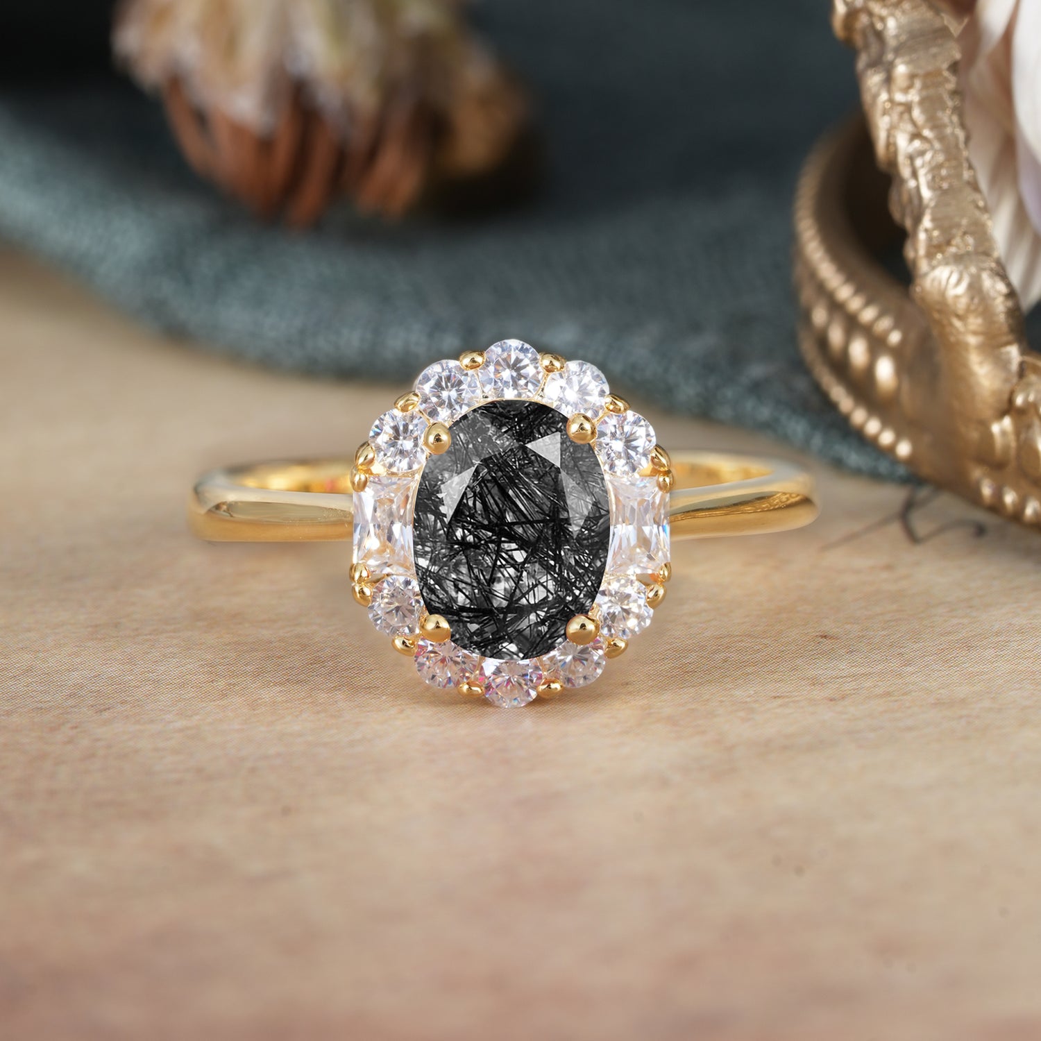 1.5 Carat Classic Cluster Lab Grown Black Rutilated Quartz Ring Oval Shaped Engagement Ring