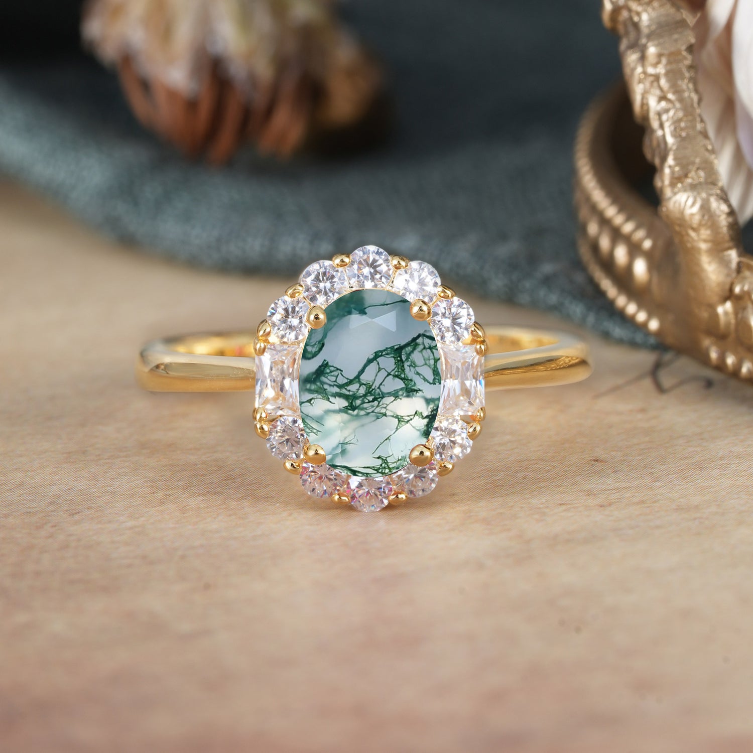 1.5 Carat Classic Cluster Natural Moss Agate Ring Oval Shaped Engagement Ring