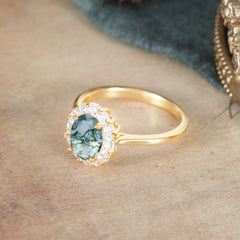 1.5 Carat Classic Halo Lab Grown Moss Agate Ring Oval Shaped Engagement Ring