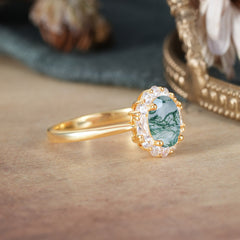 1.5 Carat Classic Halo Lab Grown Moss Agate Ring Oval Shaped Engagement Ring
