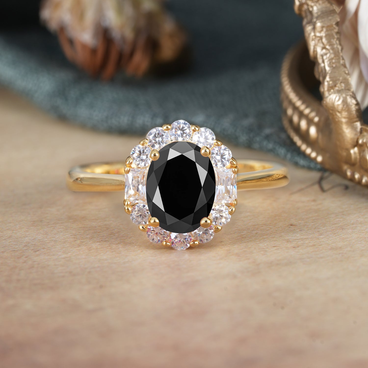 1.5 Carat Classic Cluster Black Onyx Ring Oval Shaped Engagement Ring