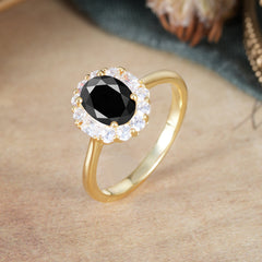 1.5 Carat Classic Halo Black Onyx Ring Oval Shaped Engagement Ring