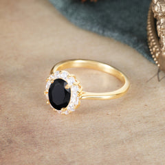 1.5 Carat Classic Halo Black Onyx Ring Oval Shaped Engagement Ring