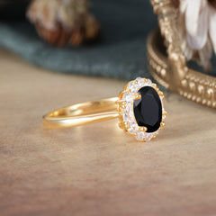 1.5 Carat Classic Halo Black Onyx Ring Oval Shaped Engagement Ring