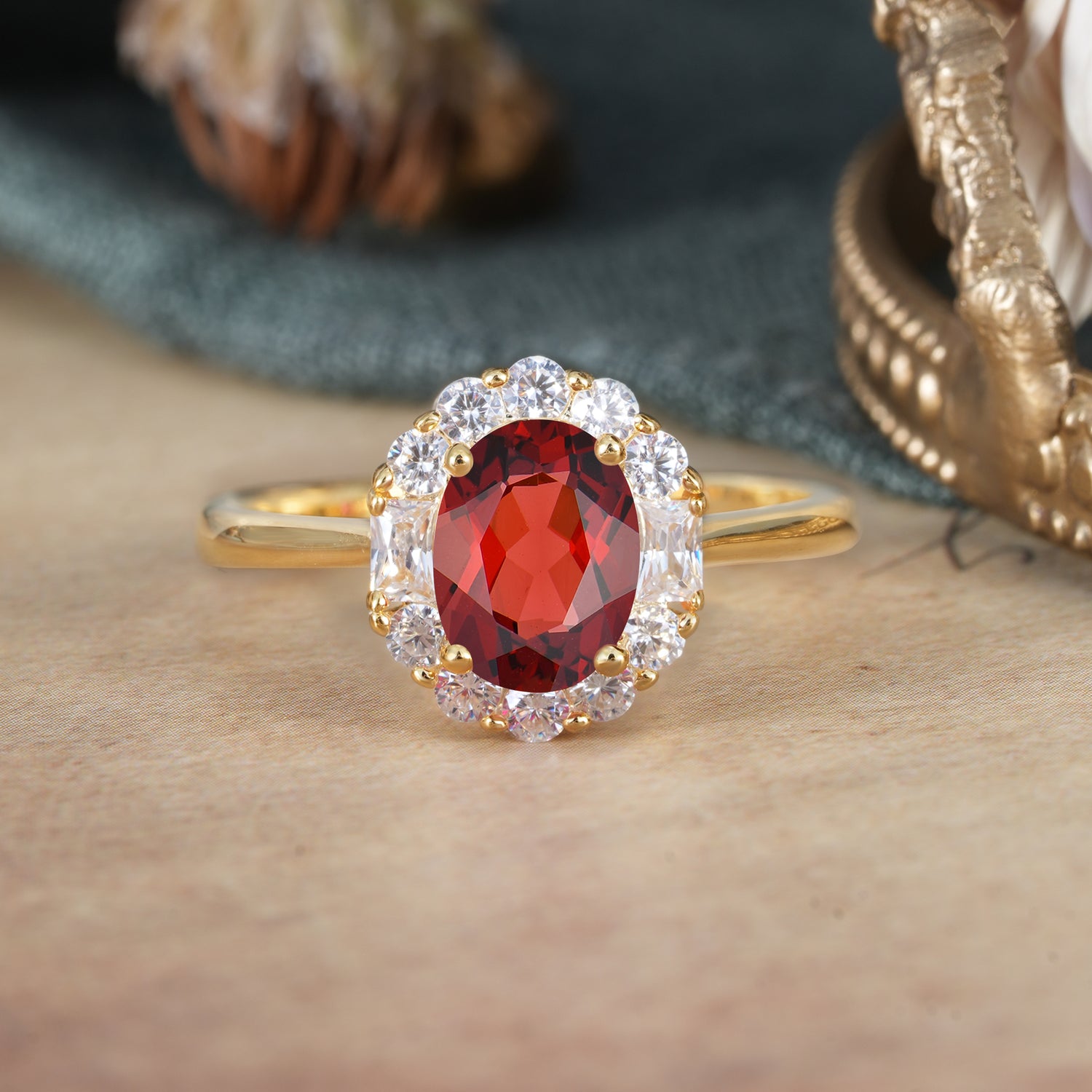 1.5 Carat Classic Cluster Lab Grown Garnet Ring Oval Shaped Engagement Ring