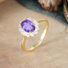 1.5 Carat Classic Halo Amethyst Ring Oval Shaped Engagement Ring