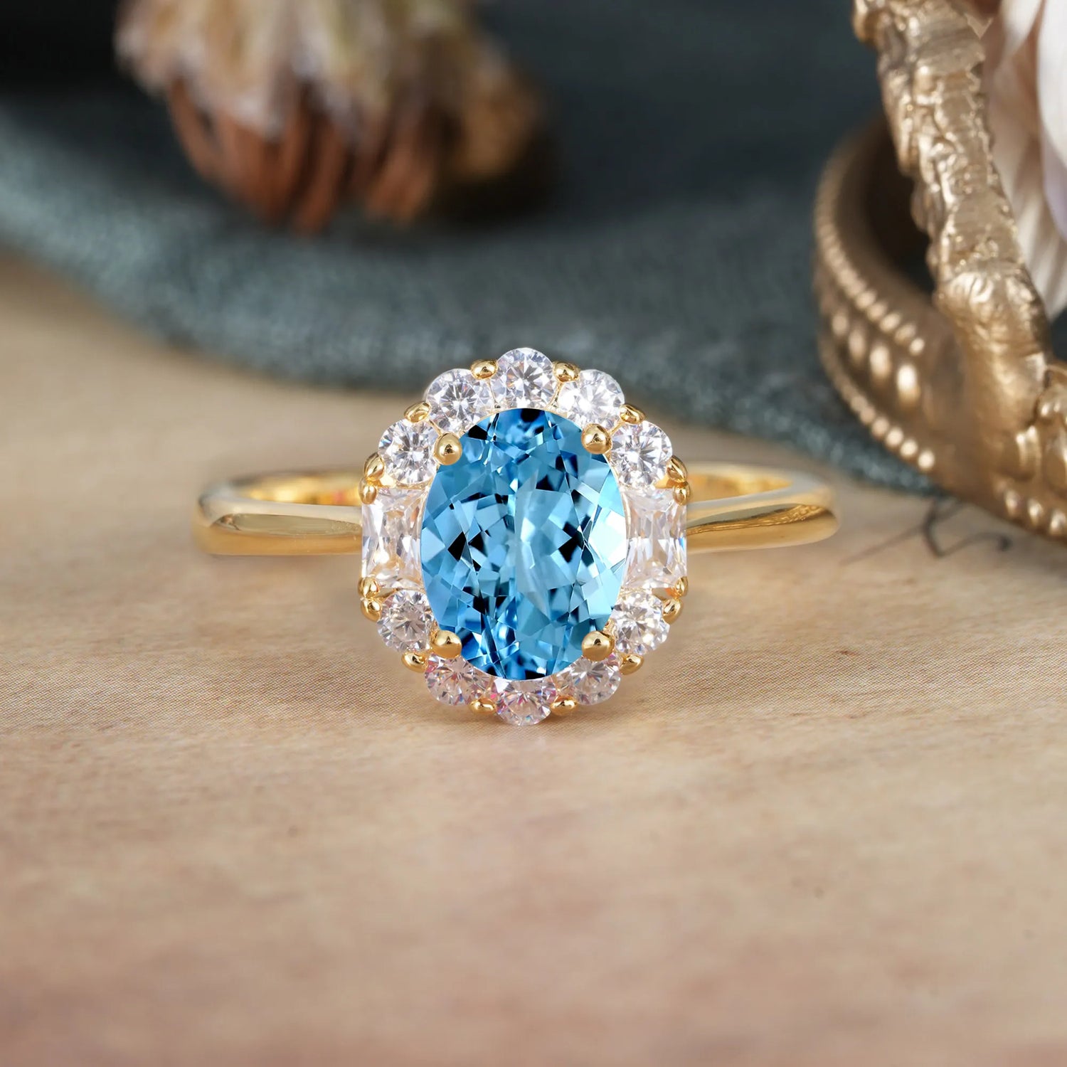 1.5 Carat Classic Cluster Lab Grown Aquamarine Ring Oval Shaped Engagement Ring