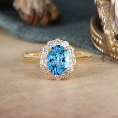 1.5 Carat Classic Halo Lab Grown Aquamarine Ring Oval Shaped Engagement Ring