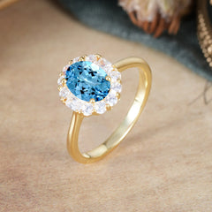 1.5 Carat Classic Halo Lab Grown Aquamarine Ring Oval Shaped Engagement Ring