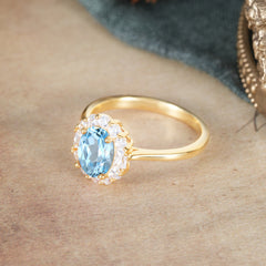 1.5 Carat Classic Halo Lab Grown Aquamarine Ring Oval Shaped Engagement Ring