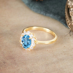 1.5 Carat Classic Halo Lab Grown Aquamarine Ring Oval Shaped Engagement Ring