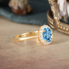 1.5 Carat Classic Halo Lab Grown Aquamarine Ring Oval Shaped Engagement Ring