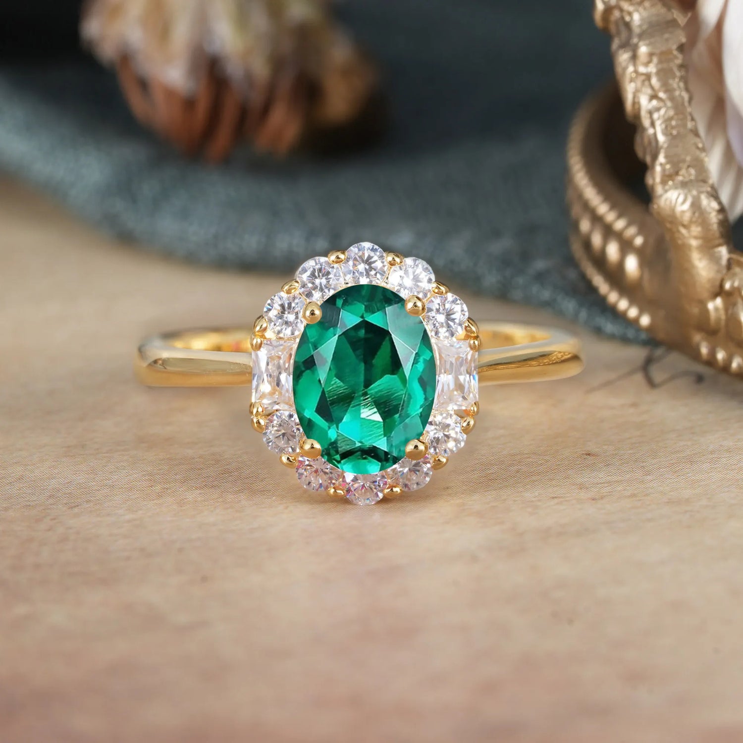 1.5 Carat Classic Cluster Lab Grown Emerald Ring Oval Shaped Engagement Ring