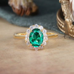 1.5 Carat Classic Halo Lab Grown Emerald Ring Oval Shaped Engagement Ring