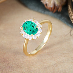 1.5 Carat Classic Halo Lab Grown Emerald Ring Oval Shaped Engagement Ring