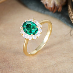 1.5 Carat Classic Halo Lab Grown Emerald Ring Oval Shaped Engagement Ring