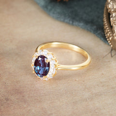 1.5 Carat Classic Halo Lab Grown Alexandrite Ring Oval Shaped Engagement Ring