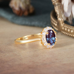 1.5 Carat Classic Halo Lab Grown Alexandrite Ring Oval Shaped Engagement Ring