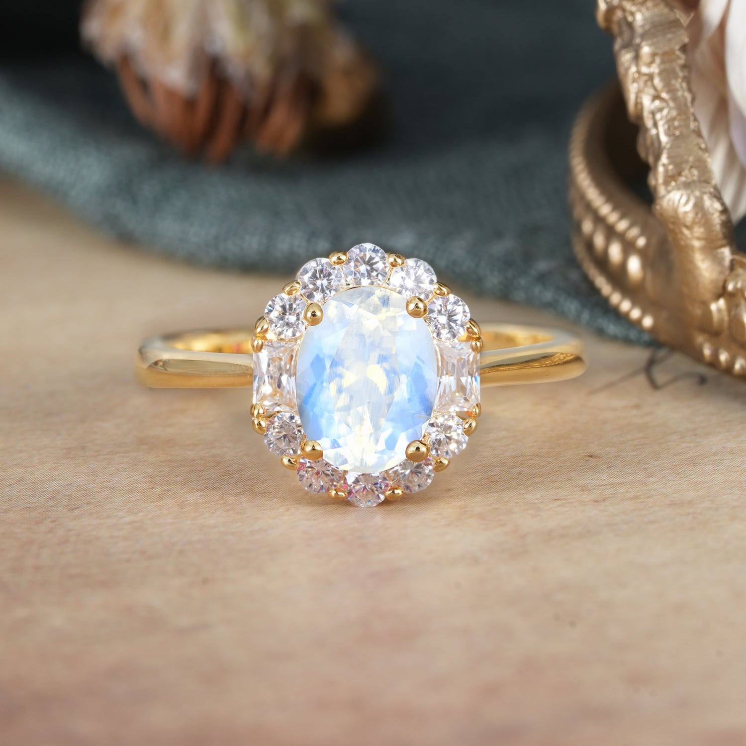 1.5 Carat Classic Cluster Moonstone Ring Oval Shaped Engagement Ring