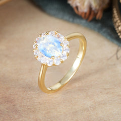 1.5 Carat Classic Halo Moonstone Ring Oval Shaped Engagement Ring