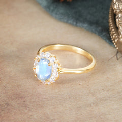 1.5 Carat Classic Halo Moonstone Ring Oval Shaped Engagement Ring