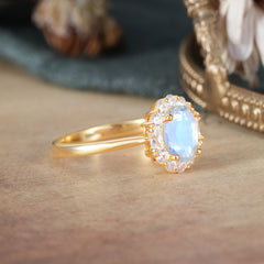 1.5 Carat Classic Halo Moonstone Ring Oval Shaped Engagement Ring