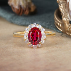 1.5 Carat Classic Halo 4 Prong Ruby Ring Oval Shaped Engagement Ring