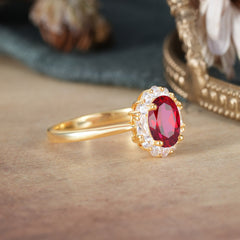 1.5 Carat Classic Halo 4 Prong Ruby Ring Oval Shaped Engagement Ring