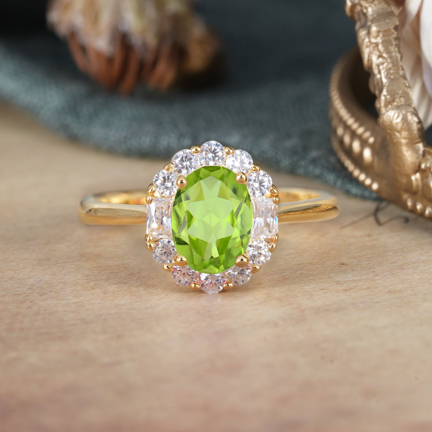 1.5 Carat Classic Cluster Peridot Ring Oval Shaped Engagement Ring
