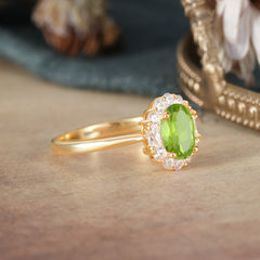 1.5 Carat Classic Halo Peridot Ring Oval Shaped Engagement Ring