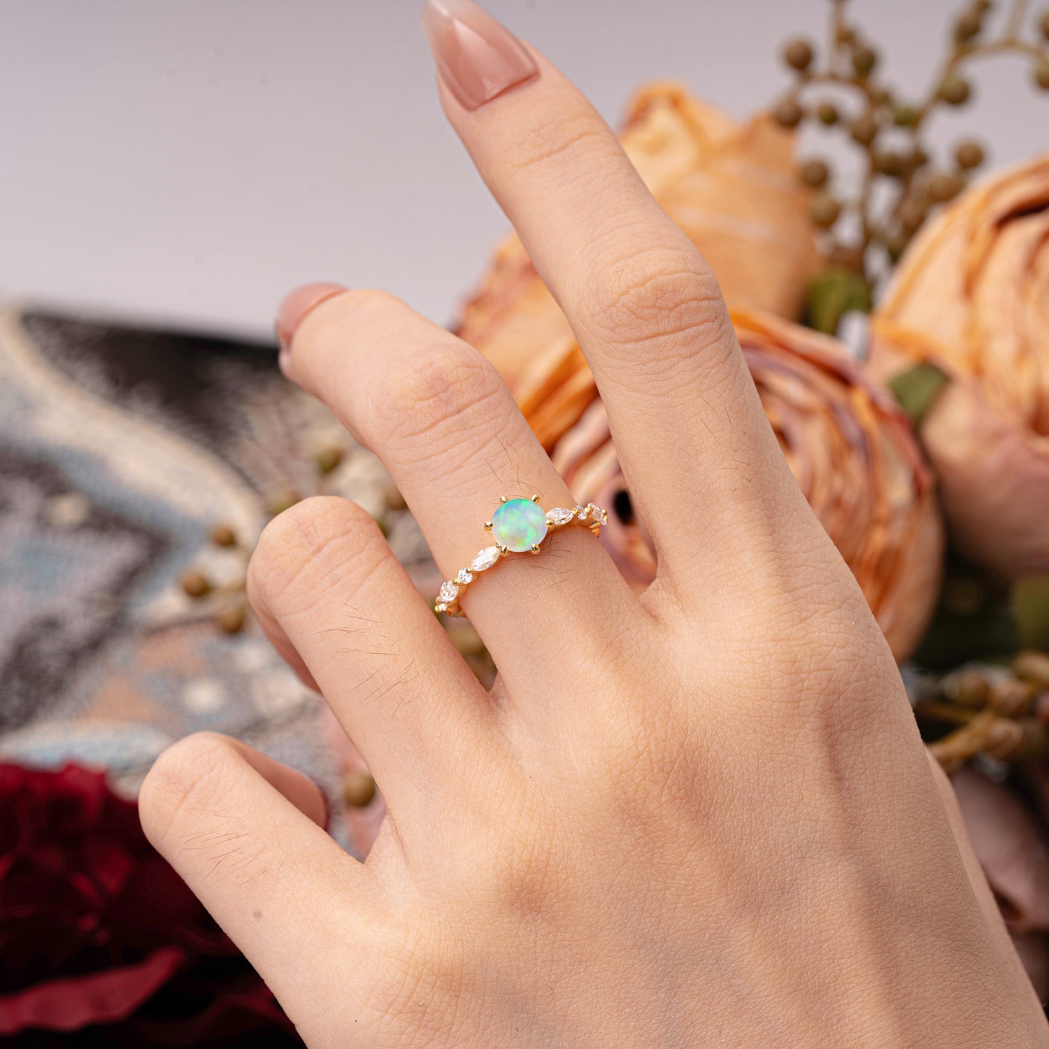 Round Cut Classic Side Stone Opal Promise Engagement Ring