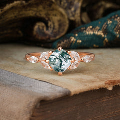 Cushion Cut 1 Carat Moss Agate Anniversary Ring Classic Side Stone Ring