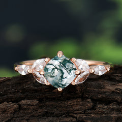 Cushion Cut 1 Carat Moss Agate Anniversary Ring Classic Side Stone Ring