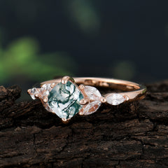 Cushion Cut 1 Carat Moss Agate Anniversary Ring Classic Side Stone Ring