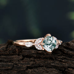 Cushion Cut 1 Carat Moss Agate Anniversary Ring Classic Side Stone Ring