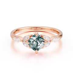 Cushion Cut 1 Carat Moss Agate Anniversary Ring Classic Side Stone Ring