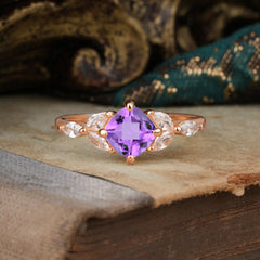 Cushion Cut 1 Carat Amethyst Anniversary Ring Classic Side Stone Ring