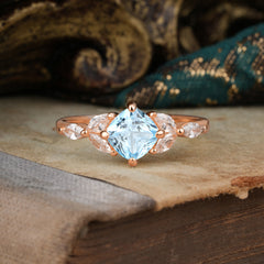 Cushion Cut 1 Carat Aquamarine Anniversary Ring Classic Side Stone Ring