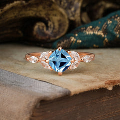 Cushion Cut 1 Carat Aquamarine Anniversary Ring Classic Side Stone Ring