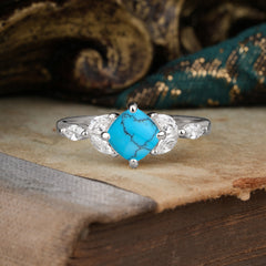 Cushion Cut 1 Carat Turquoise Anniversary Ring Classic Side Stone Ring