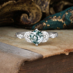 Cushion Cut 1 Carat Moss Agate Anniversary Ring Classic Side Stone Ring