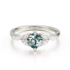 Cushion Cut 1 Carat Moss Agate Anniversary Ring Classic Side Stone Ring
