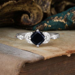 Cushion Cut 1 Carat Black Onyx Anniversary Ring Classic Side Stone Ring