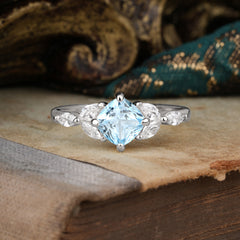 Cushion Cut 1 Carat Aquamarine Anniversary Ring Classic Side Stone Ring