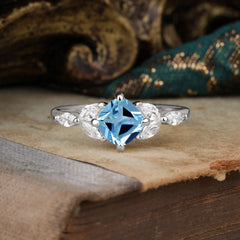 Cushion Cut 1 Carat Aquamarine Anniversary Ring Classic Side Stone Ring