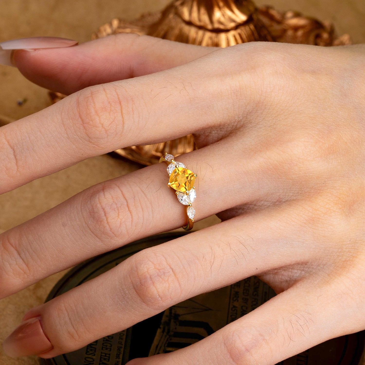 Cushion Cut 1 Carat Citrine Anniversary Engagement Ring Classic Side Stone Ring