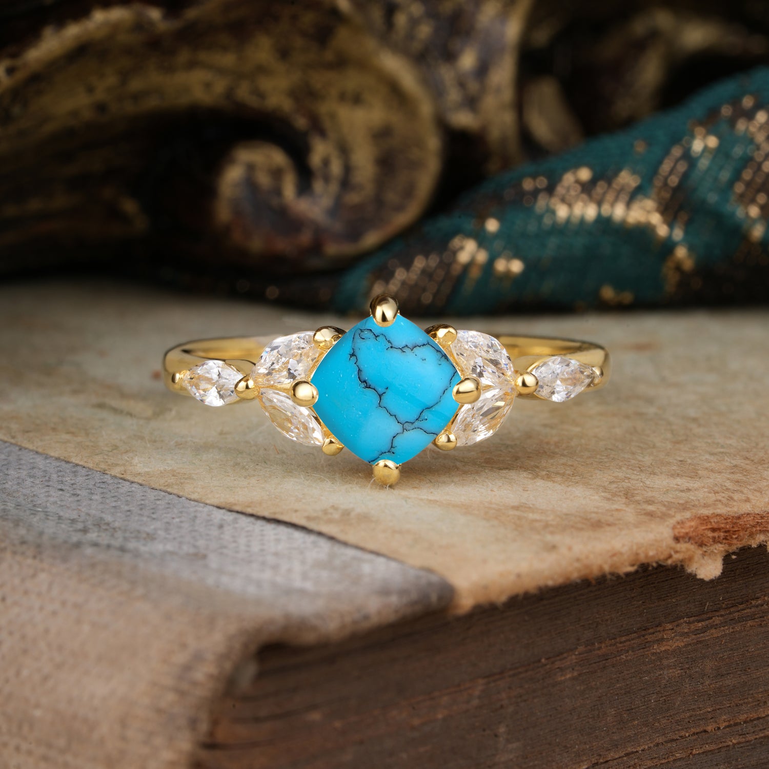 Cushion Cut 1 Carat Turquoise Anniversary Engagement Ring Classic Side Stone Ring