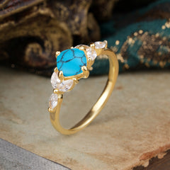 Cushion Cut 1 Carat Turquoise Anniversary Ring Classic Side Stone Ring